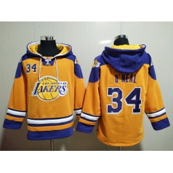 Men's Los Angeles Lakers #34 Shaq O'Neal Yellow Lace-Up Pullover Hoodie