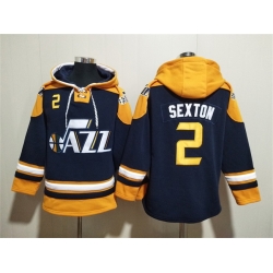 Men Utah Jazz 2 Collin Sexton Navy Yellow Lace Up Pullover Hoodie