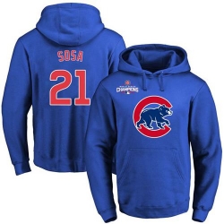 Men Chicago Cubs 21 Sammy Sosa Blue 2016 World Series Champions Primary Logo Pullover MLB Hoodie