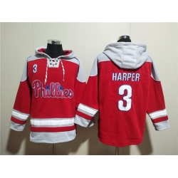 Men Philadelphia Phillies 3 Bryce Harper Red Ageless Must Have Lace Up Pullover Hoodie