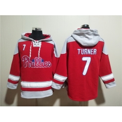Men Philadelphia Phillies 7 Trea Turner Red Ageless Must Have Lace Up Pullover Hoodie