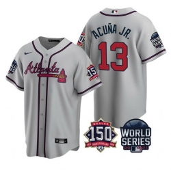 Men Atlanta Braves 13 Ronald Acuna Jr  2021 Gray World Series With 150th Anniversary Patch Cool Base Stitched Jersey