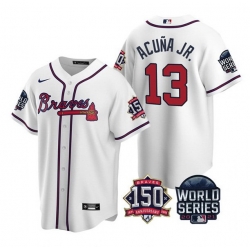 Men Atlanta Braves 13 Ronald Acuna Jr  2021 White World Series With 150th Anniversary Patch Cool Base Stitched Jersey