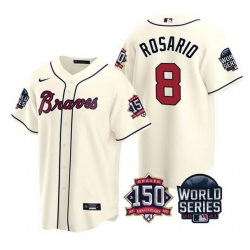 Men Atlanta Braves 8 Eddie Rosario 2021 Cream World Series With 150th Anniversary Patch Cool Base Stitched Jersey