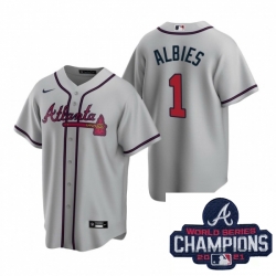 Men Nike Atlanta Braves 1 Ozzie Albies Gray Road Stitched Baseball Stitched MLB 2021 Champions Patch Jersey
