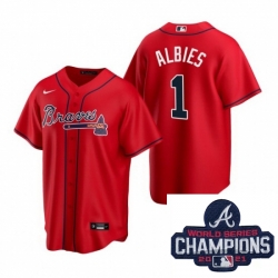 Men Nike Atlanta Braves 1 Ozzie Albies Red Alternate Stitched Baseball Stitched MLB 2021 Champions Patch Jersey