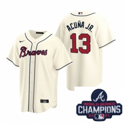 Men Nike Atlanta Braves 13 Ronald Acuna Jr Cream Alternate Stitched Baseball Stitched MLB 2021 Champions Patch Jersey