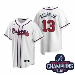 Men Nike Atlanta Braves 13 Ronald Acuna Jr White Home Stitched Baseball Stitched MLB 2021 Champions Patch Jersey