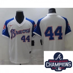 Men Nike Atlanta Braves 44 Hank Aaron Authentic White Cool Base MLB Stitched MLB 2021 Champions Patch Jersey