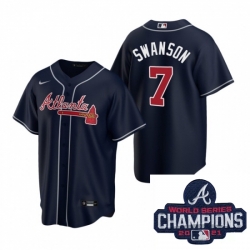 Men Nike Atlanta Braves 7 Dansby Swanson Navy Alternate Stitched Baseball Stitched MLB 2021 Champions Patch Jersey