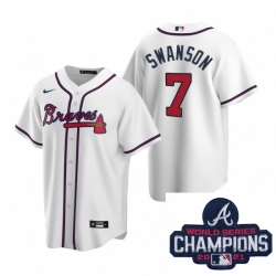 Men Nike Atlanta Braves 7 Dansby Swanson White Home Stitched Baseball Stitched MLB 2021 Champions Patch Jersey