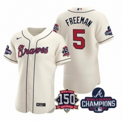Men's Cream Atlanta Braves #5 Freddie Freeman 2021 World Series Champions With 150th Anniversary Flex Base Stitched Jersey