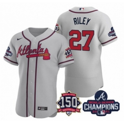 Men's Grey Atlanta Braves #27 Austin Riley Swanson 2021 World Series Champions With 150th Anniversary Flex Base Stitched Jersey