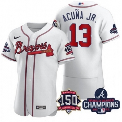 Men's White Atlanta Braves #13 Ronald Acuna Jr. 2021 World Series Champions With 150th Anniversary Flex Base Stitched Jersey