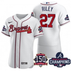 Men's White Atlanta Braves #27 Austin Riley Swanson 2021 World Series Champions With 150th Anniversary Flex Base Stitched Jersey