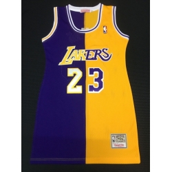 Women Los Angeles Lakers 23 Lebron James Dress Stitched Jersey Yellow Purple Split
