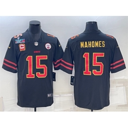 Men Kansas City Chiefs 15 Patrick Mahomes Black Red Gold Super Bowl LVII Patch And 4 Star C Patch Vapor Untouchable Limited Stitched Jersey
