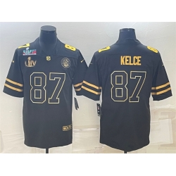 Men Kansas City Chiefs 87 Travis Kelce Black Golden Super Bowl LV And Super Bowl LVII Patch Vapor Limited Stitched Jersey