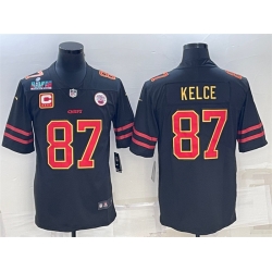 Men Kansas City Chiefs 87 Travis Kelce Black Red Gold Super Bowl LVII Patch And 4 Star C Patch Vapor Untouchable Limited Stitched Jersey