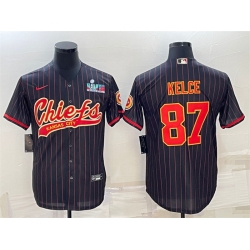 Men Kansas City Chiefs 87 Travis Kelce Black With Super Bowl LVII Patch Cool Base Stitched Baseball Jersey