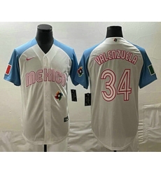 Men's Mexico Baseball #34 Fernando Valenzuela 2023 White Blue World Classic Stitched Jersey