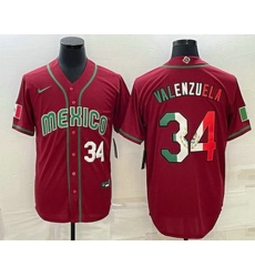 Men's Mexico Baseball #34 Fernando Valenzuela Number 2023 Red Blue World Baseball Classic Stitched Jersey