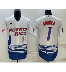 Men's Puerto Rico Baseball #1 Carlos Correa Number White 2023 World Baseball Classic Stitched Jerseys