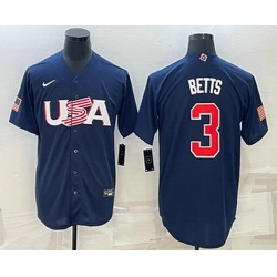 Men's USA Baseball #3 Mookie Betts 2023 Navy World Baseball Classic Stitched Jerseys