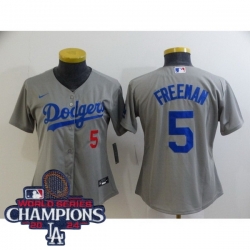 Women Nike Los Angeles Dodgers Freddie Freeman #5 Gray Flex Base 2024 World Series Champions Stitched MLB Jersey