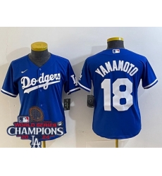 Women Nike Los Angeles Dodgers Yoshinobu Yamamoto #18 Blue Cool Base 2024 World Series Champions Stitched MLB Jersey