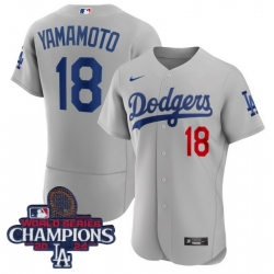 Women Nike Los Angeles Dodgers Yoshinobu Yamamoto #18 Gray Flex Base 2024 World Series Champions Stitched MLB Jersey