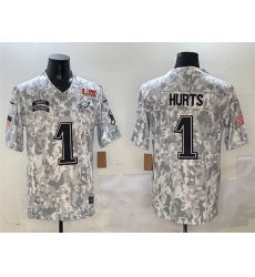 Men Philadelphia Eagles 1 Jalen Hurts Arctic Camo 2025 Super Bowl LIX Patch F U S E Salute To Service Limited Stitched Football Jersey