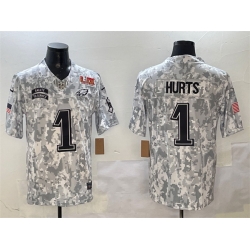 Men Philadelphia Eagles 1 Jalen Hurts Arctic Camo 2025 Super Bowl LIX Patch F U S E Salute To Service Limited Stitched Football Jersey