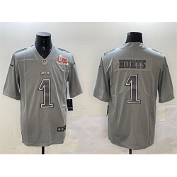 Men Philadelphia Eagles 1 Jalen Hurts Grey 2025 Super Bowl LIX Patch Atmosphere Fashion Vapor Untouchable Limited Stitched Football Jersey