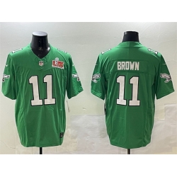 Men Philadelphia Eagles 11 A J  Brown Green 2025 Super Bowl LIX Patch F U S E  Throwback Vapor Untouchable Limited Stitched Football Jersey