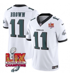 Men Philadelphia Eagles 11 A J  Brown White 2025 Eagles Logo Super Bowl LIX Patch New F U S E  Vapor Untouchable Limited Stitched Football Jersey