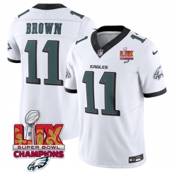 Men Philadelphia Eagles 11 A J  Brown White 2025 Eagles Logo Super Bowl LIX Patch New F U S E  Vapor Untouchable Limited Stitched Football Jersey