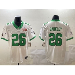 Men Philadelphia Eagles 26 Saquon Barkley White 2025 Super Bowl LIX Patch F U S E  Vapor Untouchable Limited Stitched Football Jersey