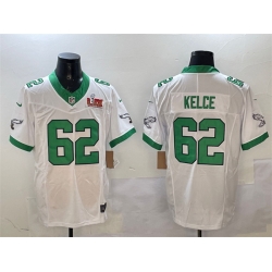 Men Philadelphia Eagles 62 Jason Kelce White 2025 Super Bowl LIX Patch F U S E  Vapor Untouchable Limited Stitched Football Jersey