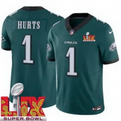 Men Philadelphia Eagles Jalen Hurts #1 Green 2024 2025 Super Bowl LIX F U S E Stitched NFL Jersey