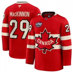 Men Canada 29 Nathan MacKinnon Red 2025 4 Nations Face Off Premium Stitched Jersey