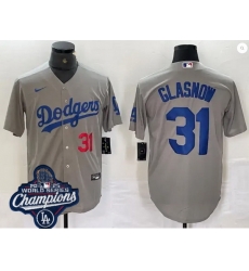 Men Los Angeles Dodgers 31 Tyler Glasnow Cool Base 2025 World Champions Stitched Baseball Jersey Gray Men Los Angeles Dodgers 31 Tyler Glasnow Cool Base 2025 World Champions Stitched Baseball Jersey Gray