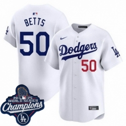Men Los Angeles Dodgers 50 Mookie Betts Cool Base 2025 World Champions Stitched Baseball Jersey White