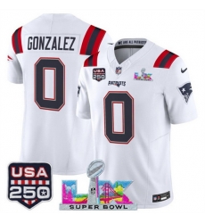 Men New England Patriots 0 Christian Gonzalez White 2025 F U S E  Super Bowl LX Patch And USA 250 27 Patch Vapor Limited Football Stitched Jersey