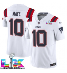 Men New England Patriots 10 Drake Maye White 2025 F U S E  Super Bowl LX Patch Vapor Limited Stitched Football Jersey