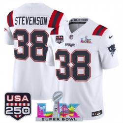 Men New England Patriots 38 Rhamondre Stevenson White 2025 F U S E  Super Bowl LX Patch And USA 250 27 Patch Vapor Limited Football Stitched Jersey
