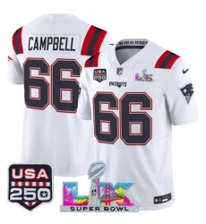 Men New England Patriots 66 Will Campbell White 2025 F U S E  Super Bowl LX Patch And USA 250 27 Patch Vapor Limited Football Stitched Jersey