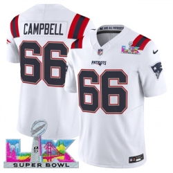 Men New England Patriots 66 Will Campbell White 2025 F U S E  Super Bowl LX Patch Vapor Limited Stitched Football Jersey