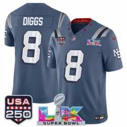 Men New England Patriots 8 Stefon Diggs Storm Blue 2025 F U S E  Super Bowl LX  USA 250 Patch  Rivalries Vapor Limited Football Stitched Jersey