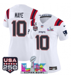 Women New England Patriots 10 Drake Maye White 2025 F U S E  1 Star C Patch And Super Bowl LX Patch  26 USA 250 27 Patch Vapor Limited Football Stitched Je